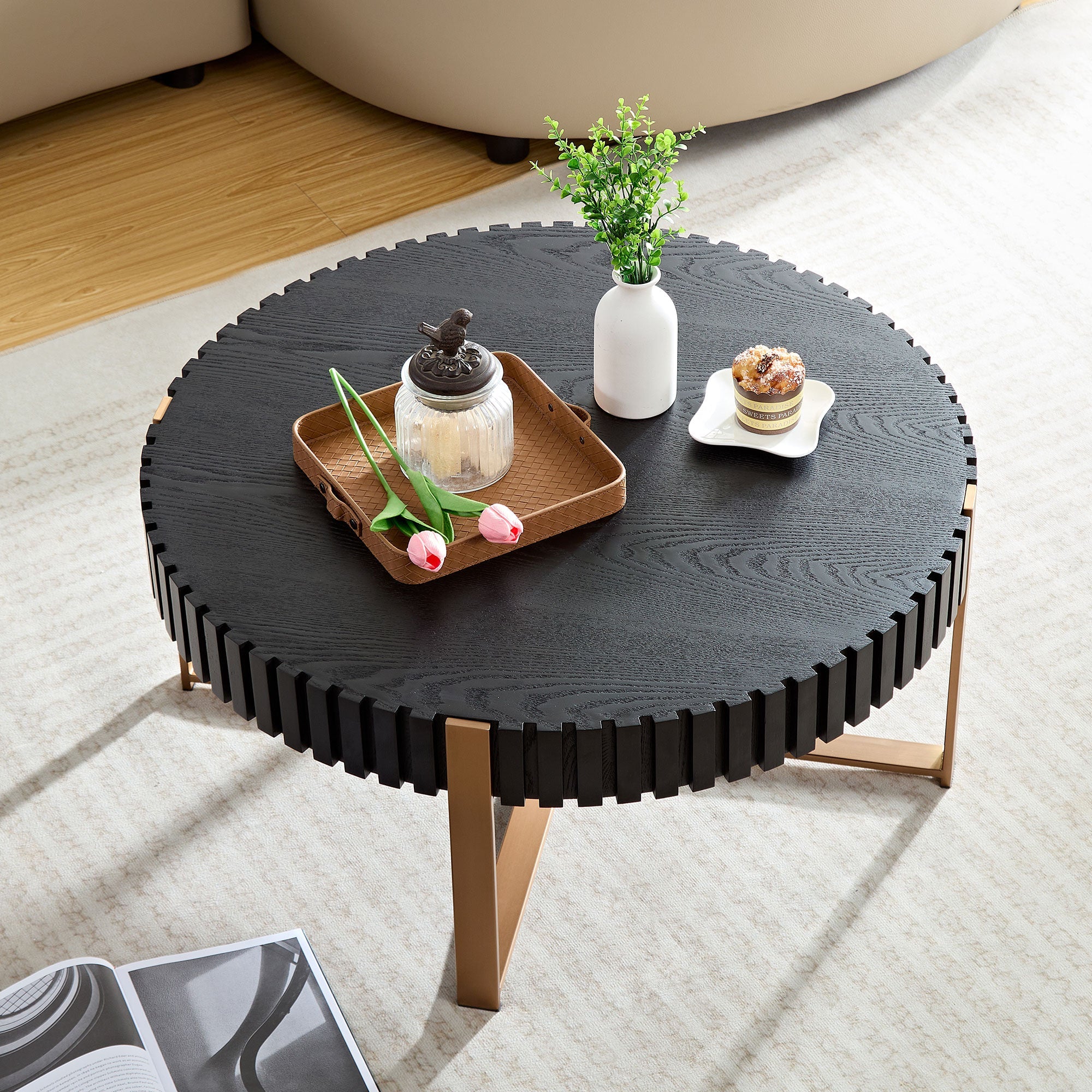 Modern Handcraft Drum Coffee Table 31.5 inch Round Coffee Table for Living Room,Small Coffee Table with Sturdy Pedestal,Black - Image 8
