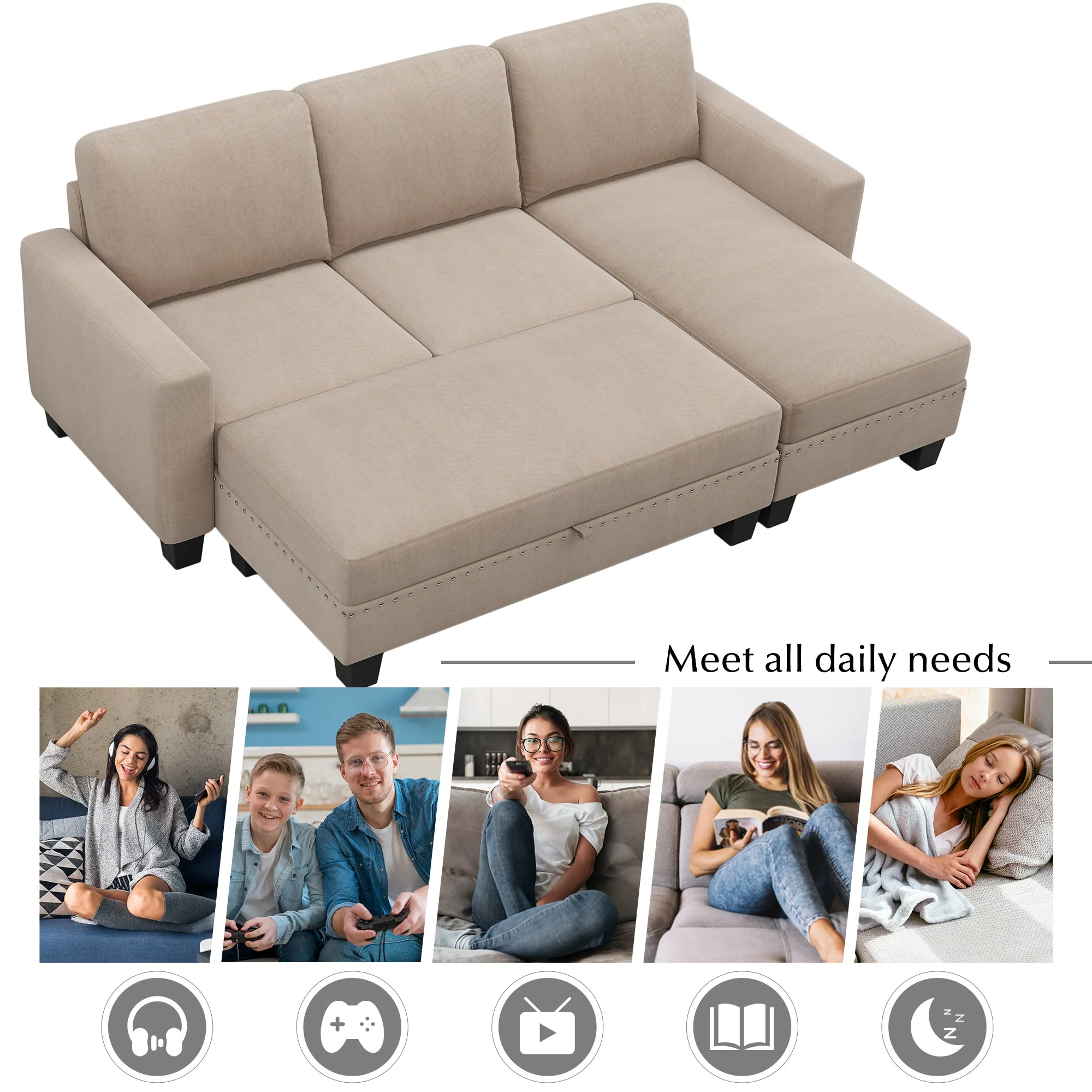 [New]81" Reversible Sectional Couch with Storage Chaise L-Shaped Sofa for Apartment Sectional Set Warm Grey - Image 9