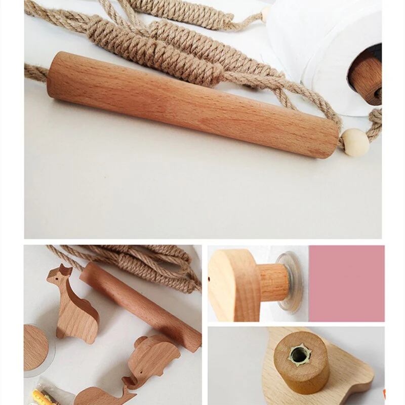 Nordic Indoor Wooden Solid Wood Hemp Rope Animal Tissue Holder Children's Room Decoration Wall Hanger Hemp Rope Hook Toilet Paper Holder - Image 5