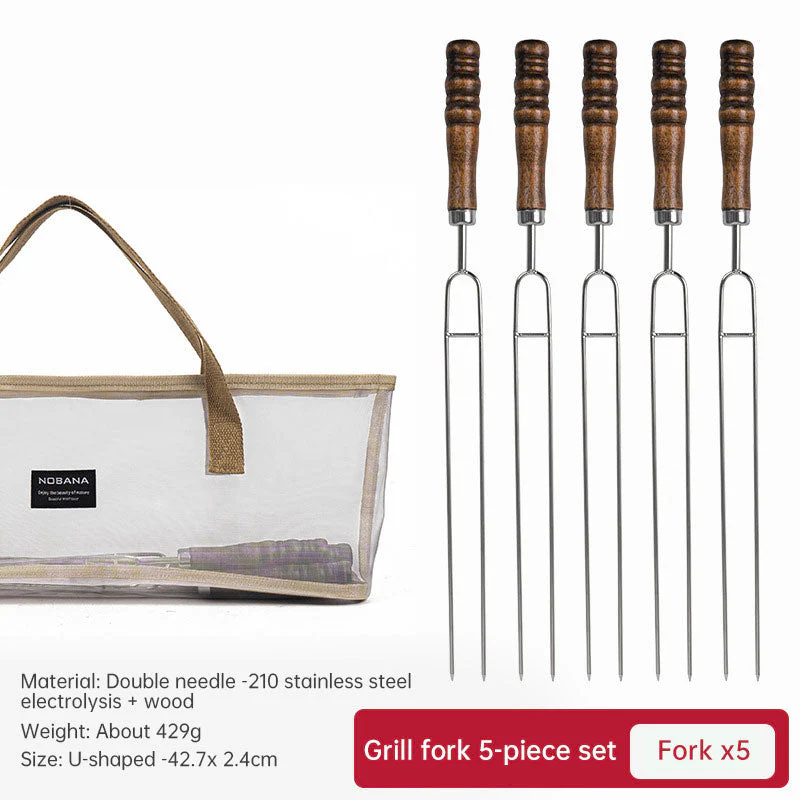 Outdoor Grill Grill Fork Wood Handle U Type Grill Pin Stainless Steel Grill Stick Wood Handle U Type Roast Pin Picnic Grill Meat - Image 5
