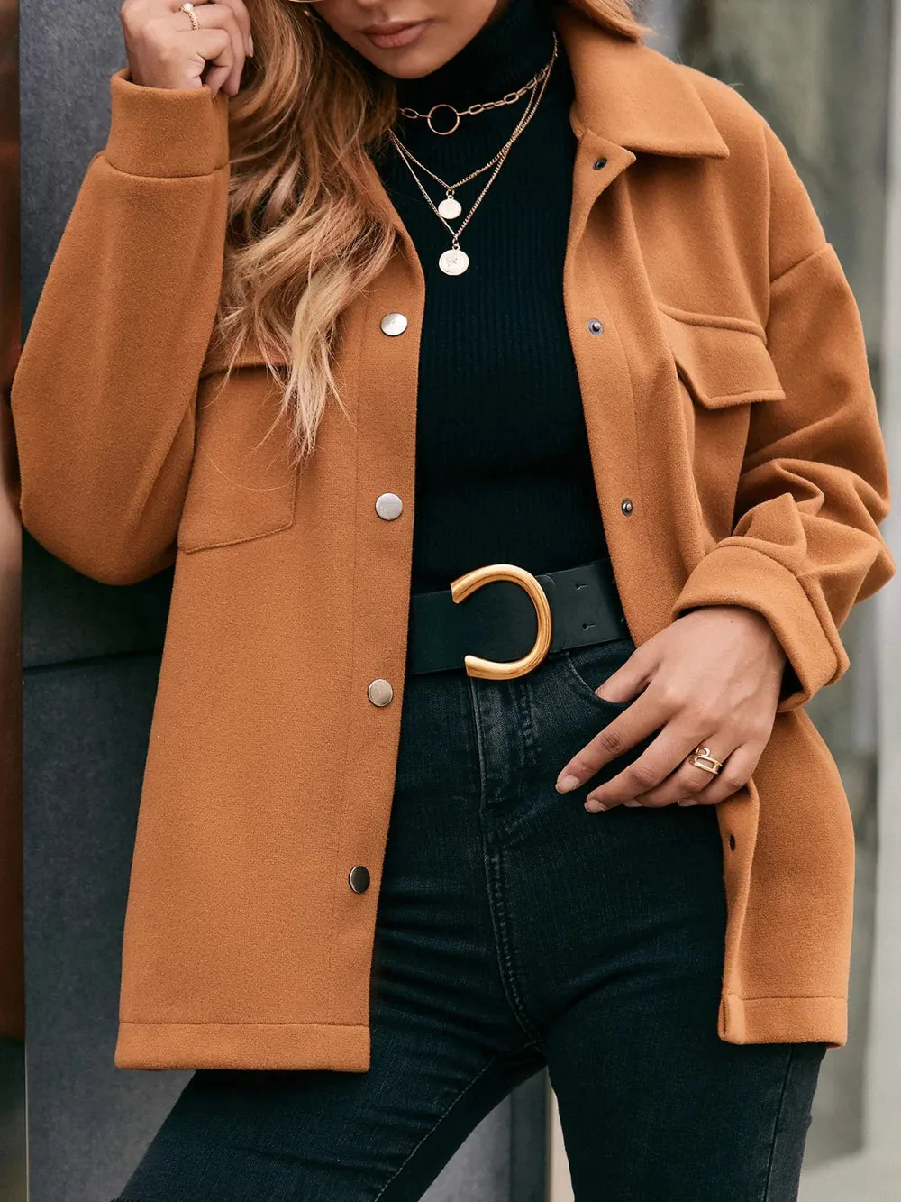 Pocketed Snap Down Dropped Shoulder Jacket - Image 3