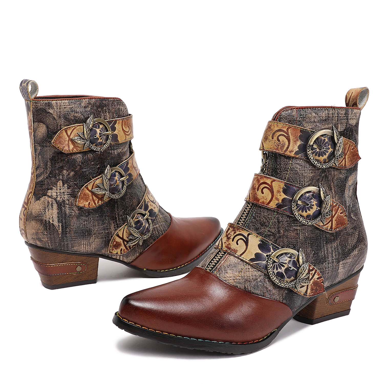 Retro Handmade Vintage Embossed Buckle Leather Boots - Image 3