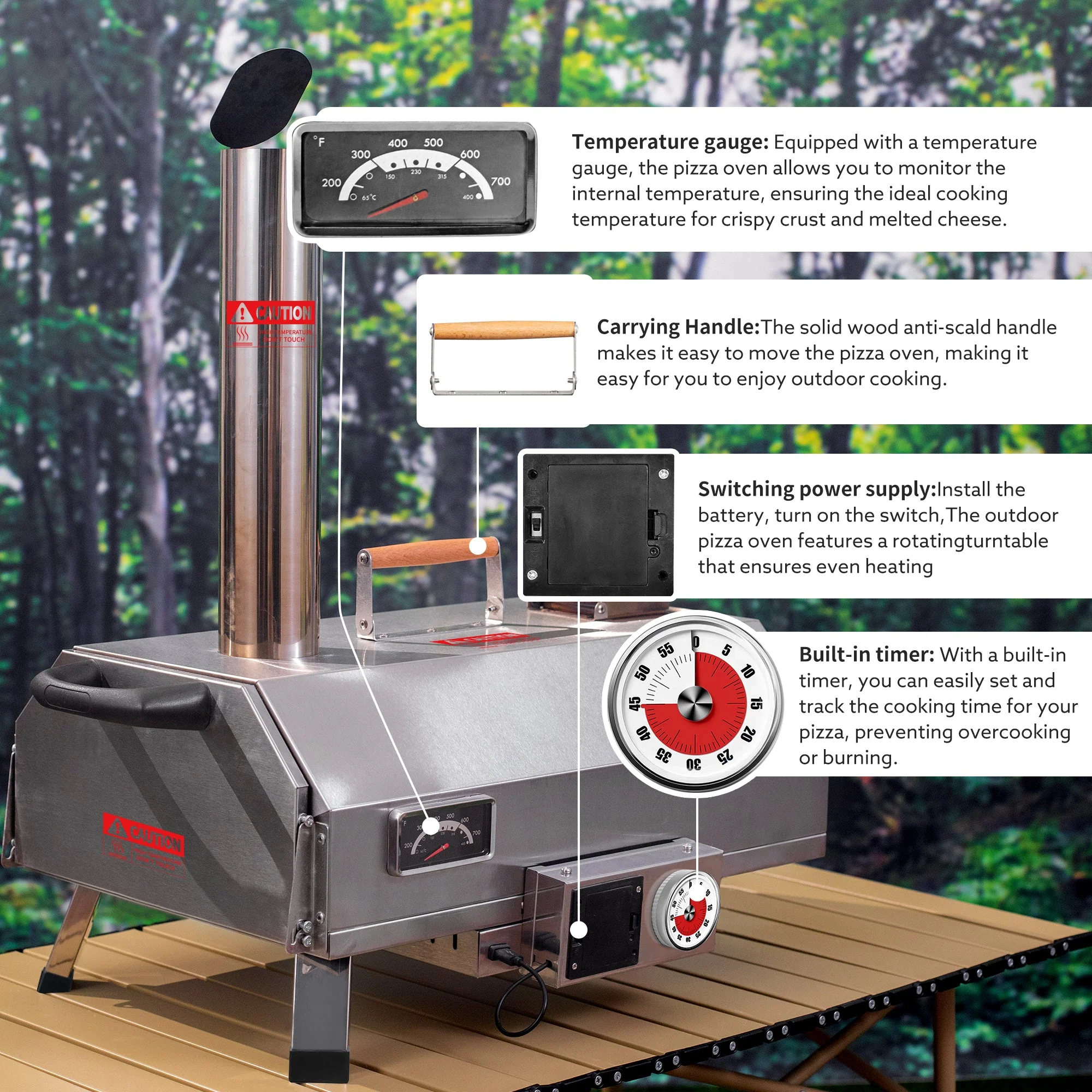 Stainless Steel Pizza Oven Outdoor 12" Automatic Rotatable Pizza Ovens Portable Wood Fired Pizza Oven Pizza Maker with Timer - Image 7