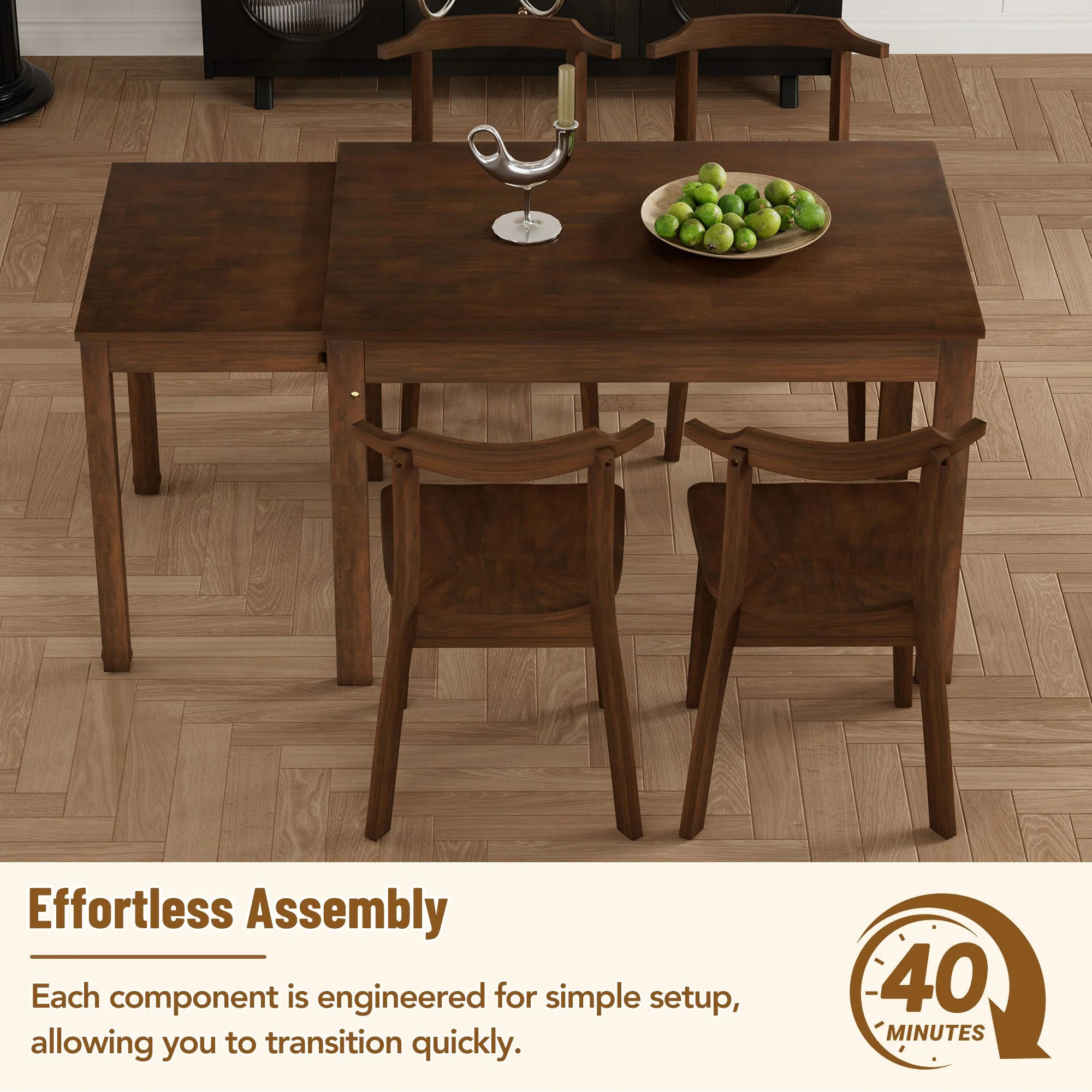 TOPMAX 65 "5-piece set with wheels and expandable dining table set 17.7" pull-out side table and small dining chair Brown - Image 18