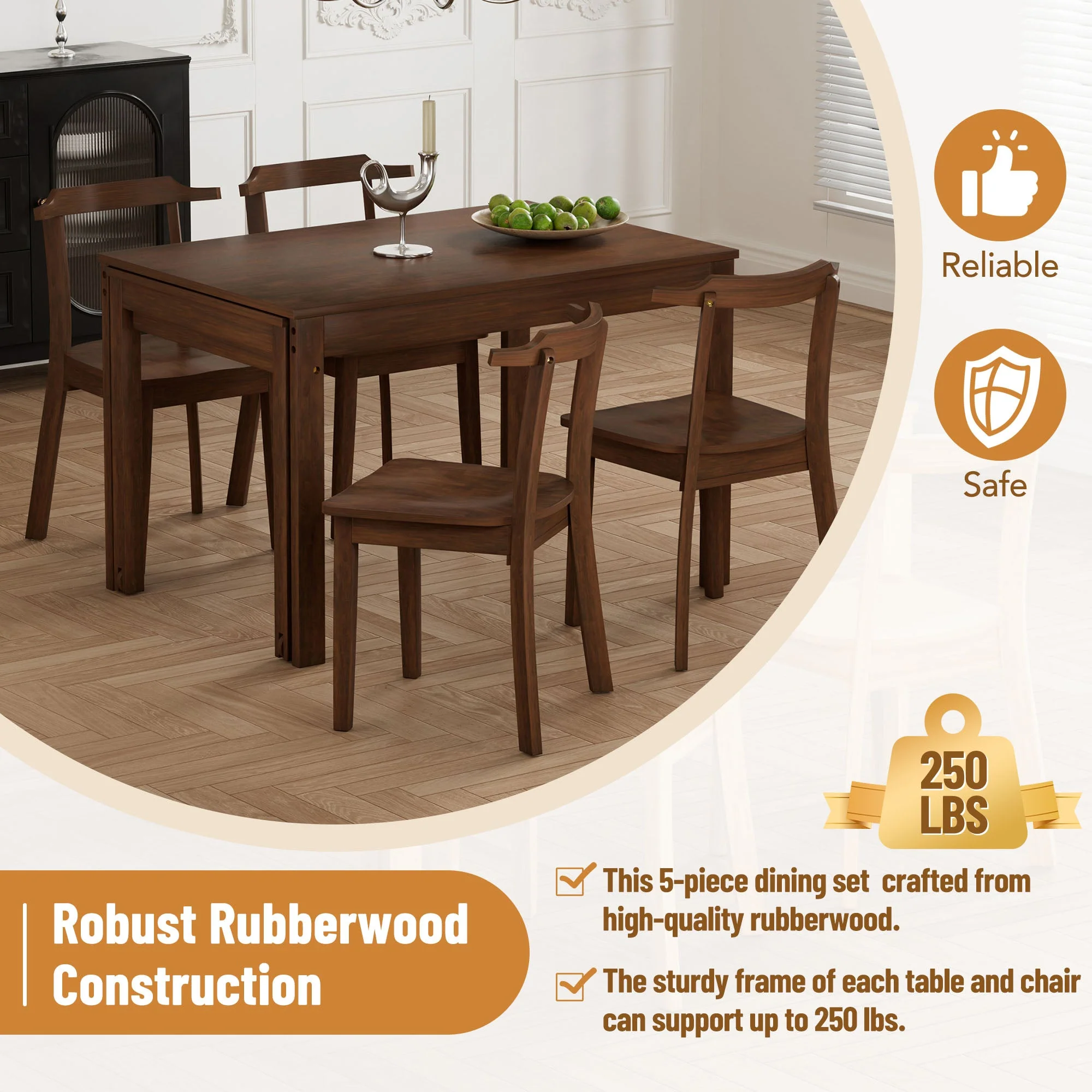 TOPMAX 65 "5-piece set with wheels and expandable dining table set 17.7" pull-out side table and small dining chair Brown - Image 3