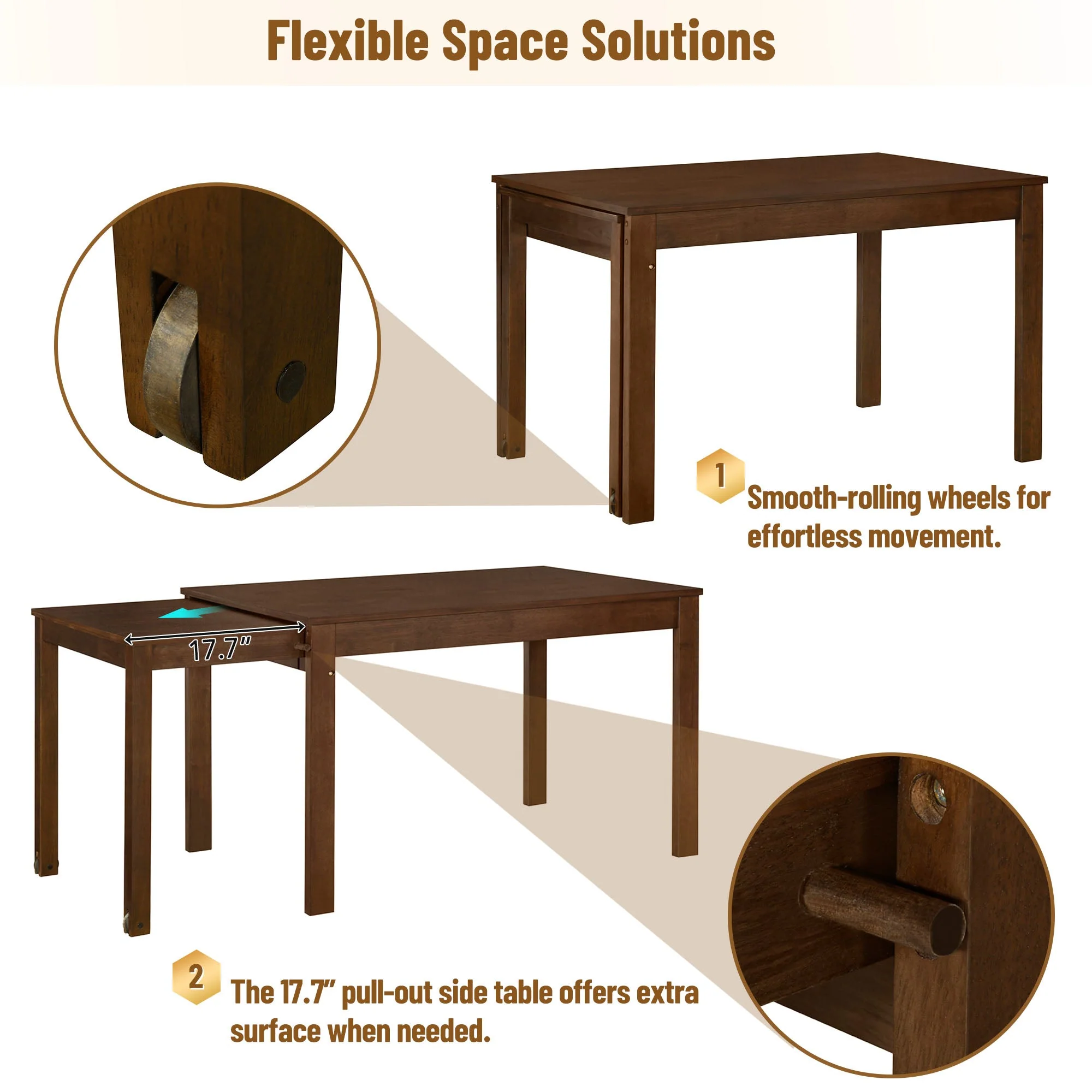 TOPMAX 65 "5-piece set with wheels and expandable dining table set 17.7" pull-out side table and small dining chair Brown - Image 8