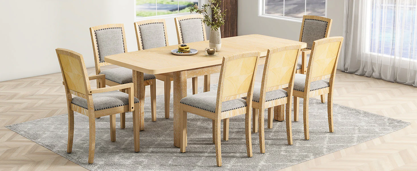 TOPMAX expandable 84 inch dining table set with 24 inch detachable leaves, 6 armless chairs and 2 armchairs  9 pieces natural - Image 3