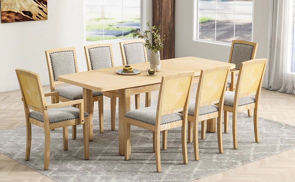TOPMAX expandable 84 inch dining table set with 24 inch detachable leaves, 6 armless chairs and 2 armchairs  9 pieces natural - Image 4
