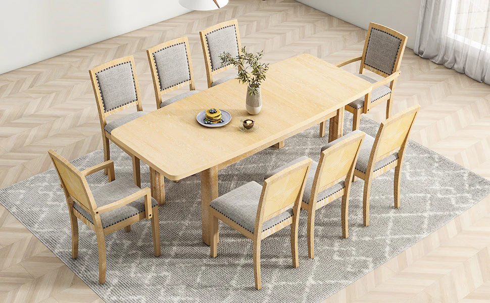 TOPMAX expandable 84 inch dining table set with 24 inch detachable leaves, 6 armless chairs and 2 armchairs  9 pieces natural - Image 5