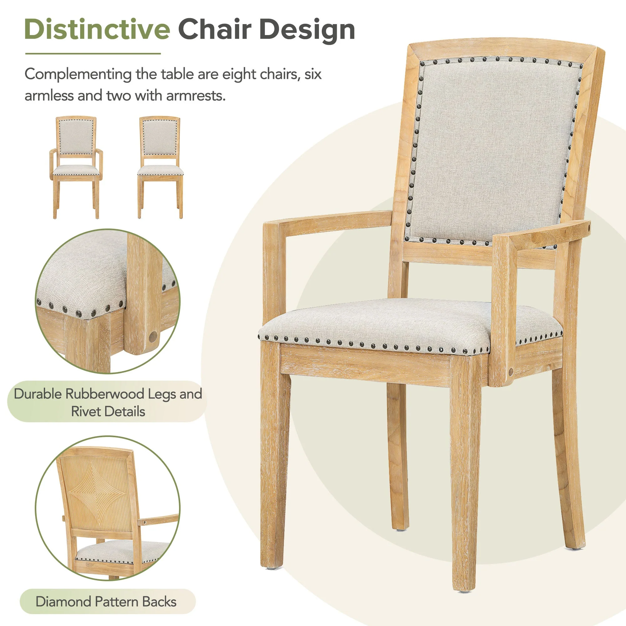 TOPMAX expandable 84 inch dining table set with 24 inch detachable leaves, 6 armless chairs and 2 armchairs  9 pieces natural - Image 6