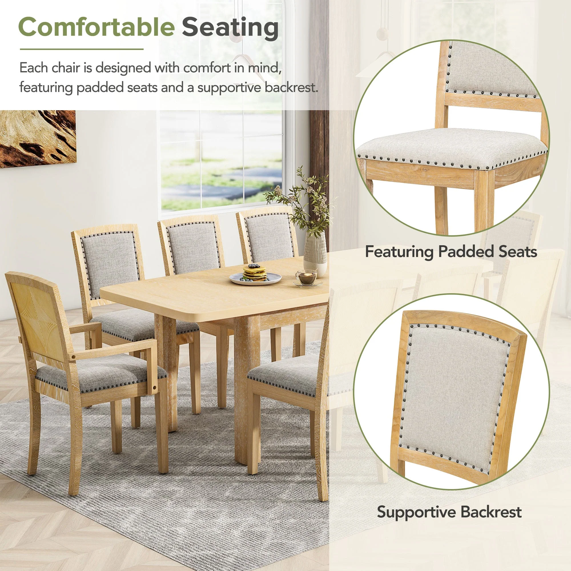 TOPMAX expandable 84 inch dining table set with 24 inch detachable leaves, 6 armless chairs and 2 armchairs  9 pieces natural - Image 8