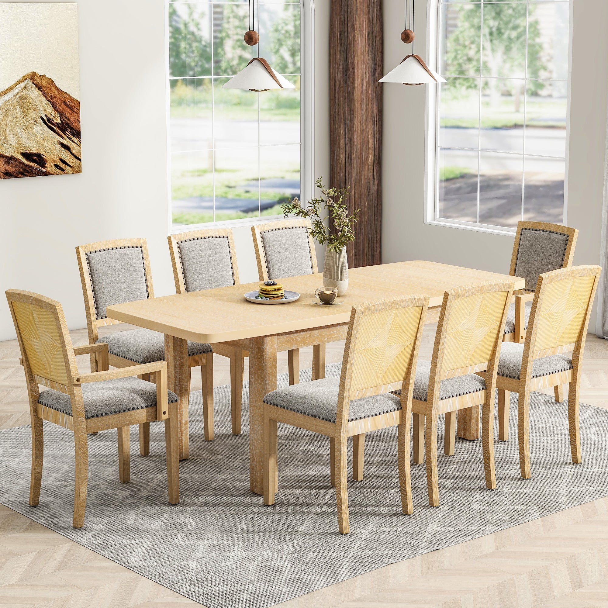 TOPMAX expandable 84 inch dining table set with 24 inch detachable leaves, 6 armless chairs and 2 armchairs  9 pieces natural - Image 9